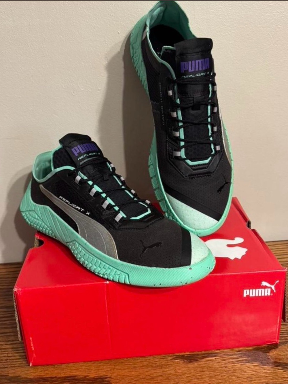 Puma Black and Mint Green Low-Top Sneakers